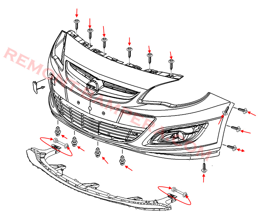 Front bumper mounting diagram Opel Astra J (2009–2018)