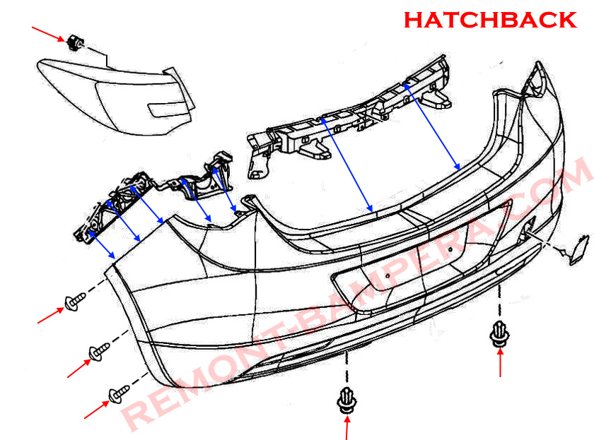 Rear bumper mounting diagram Opel Astra J hatchback (2009–2018)