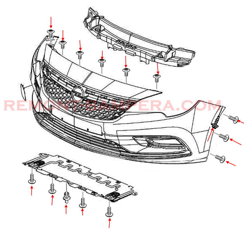 Front bumper mounting diagram Opel Astra K (2015–2021)