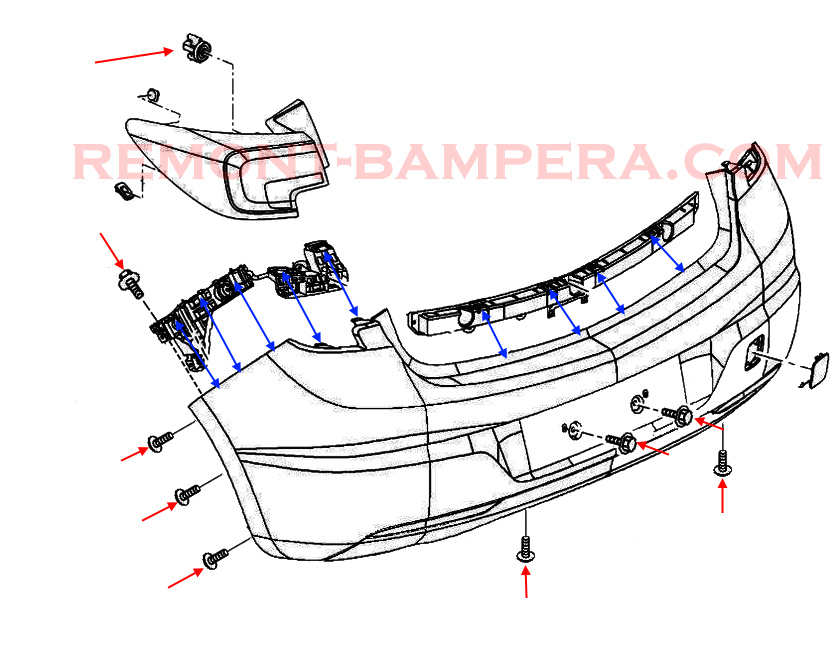 Rear bumper mounting diagram Opel Astra K hatchback (2015–2021)