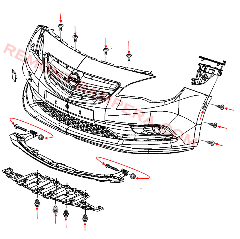 Diagrama de montaje del parachoques delantero Opel Cascada (2013–2019)