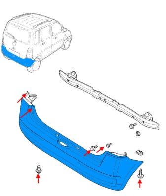 схема крепления заднего бампера Opel AGILA A (2000 – 2008)