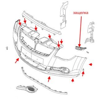 схема крепления переднего бампера Opel AGILA B (после 2008 года)