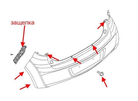 схема крепления заднего бампера Opel AGILA B (после 2008 года)