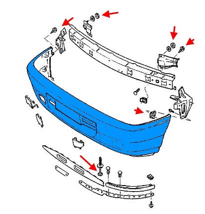 схема крепления переднего бампера Opel Astra F (1992-1998)