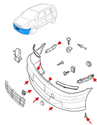 схема крепления переднего бампера Opel Astra G (1998 - 2009)