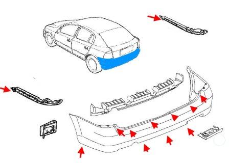схема крепления заднего бампера Opel Astra G (1998 - 2009)