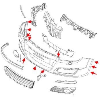схема крепления переднего бампера Opel Astra H (после 2005 года)