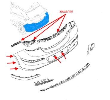 схема крепления заднего бампера Opel Astra H (после 2005 года)