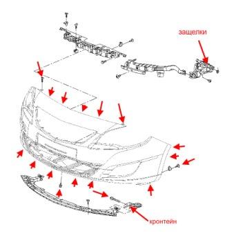 схема крепления заднего бампера Opel Astra J (после 2010 года)