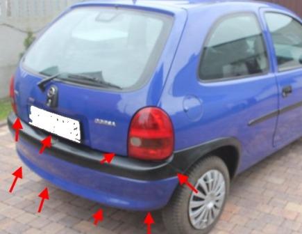 места крепления заднего бампера Opel CORSA B (1993 - 2002)