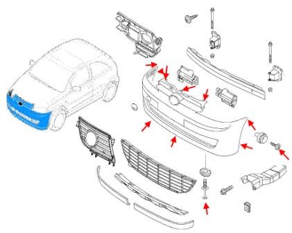 схема крепления переднего бампера Opel  CORSA C (2000-2007)