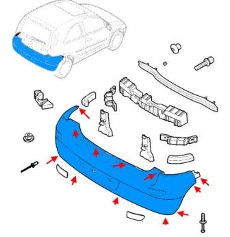 схема крепления заднего бампера Opel  CORSA C (2000-2007)