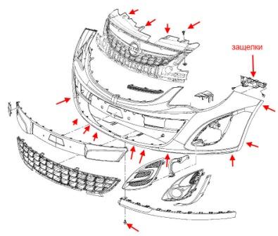 схема крепления переднего бампера Opel CORSA D (после 2006 года)