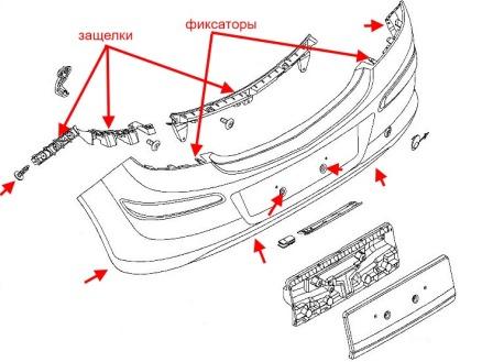 схема крепления заднего бампера Opel CORSA D (после 2006 года)