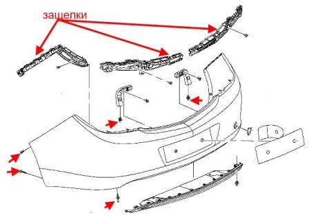 схема крепления заднего бампера Opel Insignia (2008-2017)