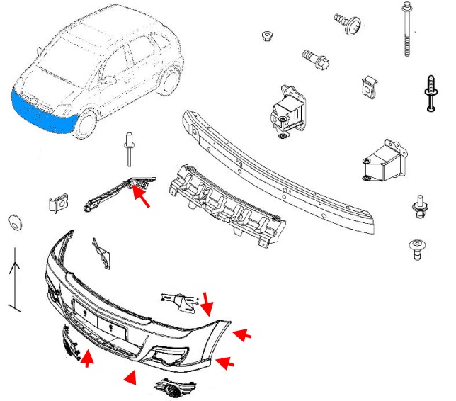 схема крепления переднего бампера Opel MERIVA A (2003-2010)