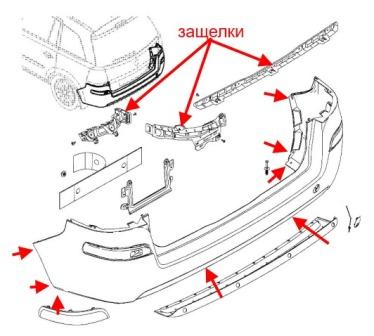 схема крепления заднего бампера Opel  ZAFIRA B (2005-2011)