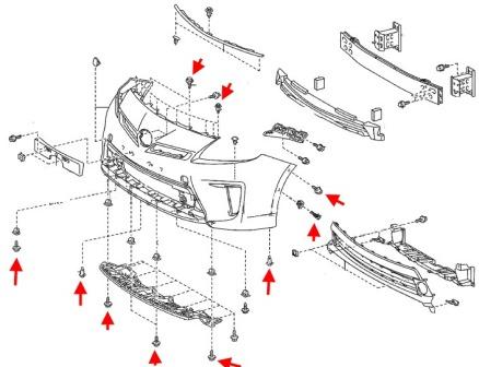 схема крепления переднего бампера Toyota Prius III XW30 (2009-2015)