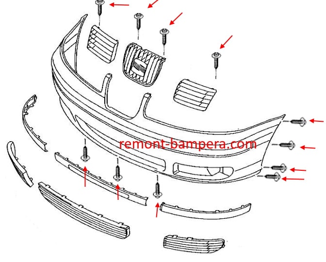 Схема крепления переднего бампера SEAT Alhambra I (2000-2010)