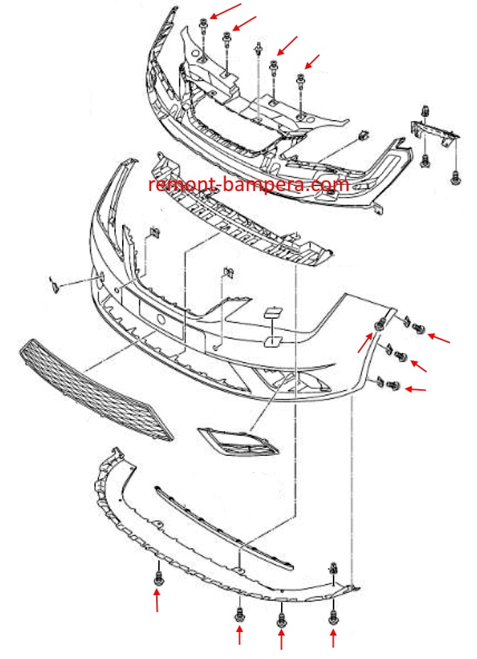 Схема крепления переднего бампера SEAT Ibiza IV (2008-2017)