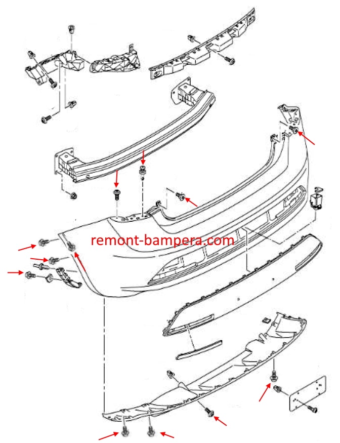 Схема крепления заднего бампера SEAT Ibiza IV (2008-2017)