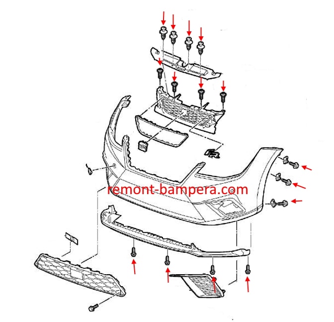 Схема крепления переднего бампера SEAT Ibiza V (2017-2023)