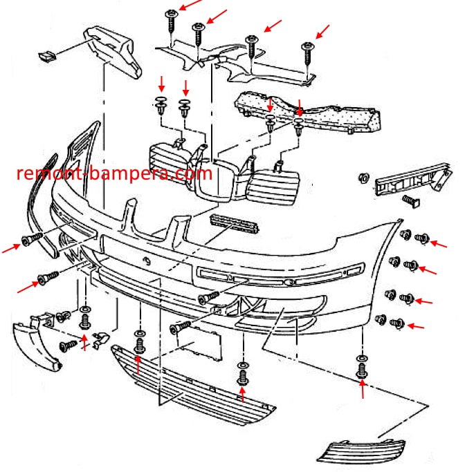 Схема крепления переднего бампера SEAT Leon I (1999-2005)
