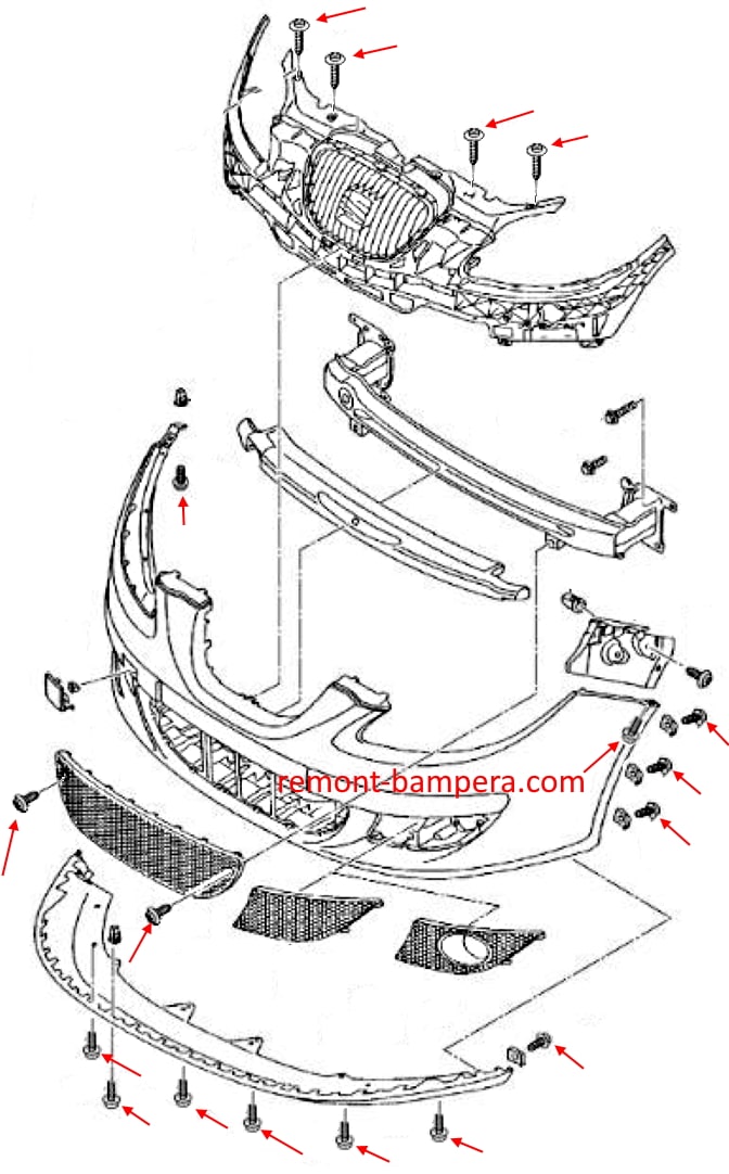 Esquema de montaje del parachoques delantero SEAT Toledo III (2004-2009)