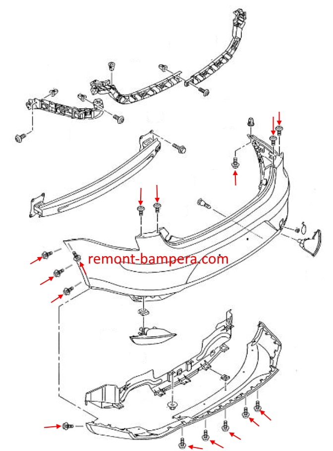 Esquema de montaje del parachoques trasero SEAT Toledo III (2004-2009)