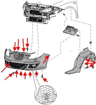 schéma de montage du pare-chocs avant SEAT Altea