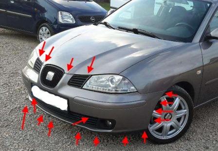 места крепления переднего бампера SEAT Ibiza MK3 (2002-2008 год)