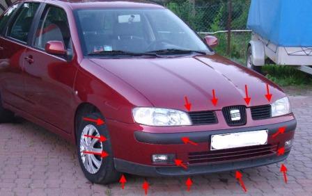 места крепления переднего бампера SEAT Ibiza MK2 (1993-2002 год)