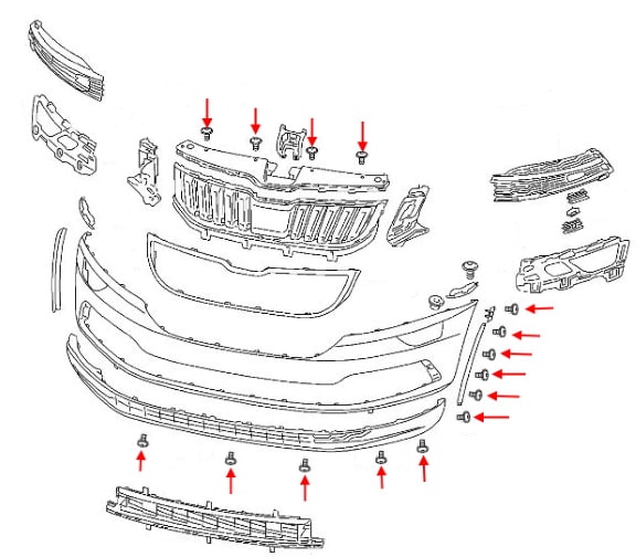 Schema di montaggio del paraurti anteriore Skoda Karoq I (2017+)