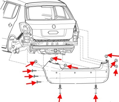 schéma de montage pour le pare-chocs arrière SKODA FABIA MK2 (2007-2014).