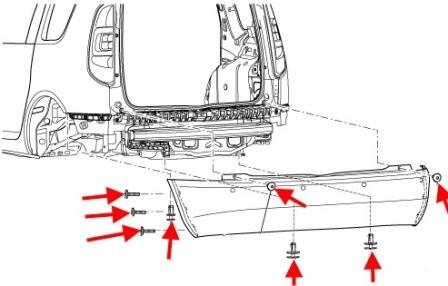 схема крепления заднего бампера SKODA ROOMSTER