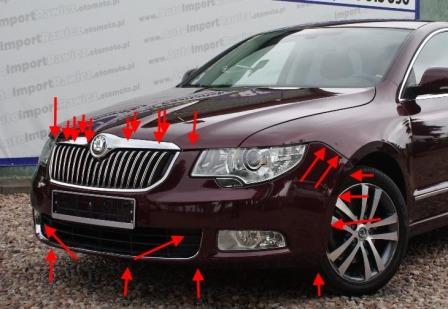 места крепления переднего бампера SKODA SUPERB 2 (B6)