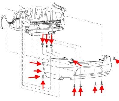 схема крепления заднего бампера SKODA SUPERB 2 (B6)