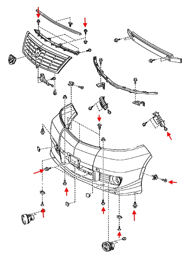 Схема крепления переднего бампера Toyota Alphard (2002-2008)