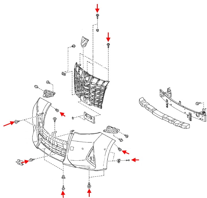 Схема крепления переднего бампера Toyota Alphard (2015+)