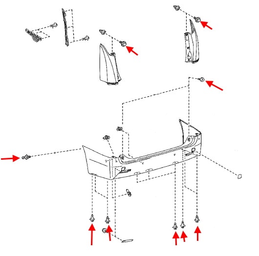 Схема крепления заднего бампера Toyota Alphard (2015+)