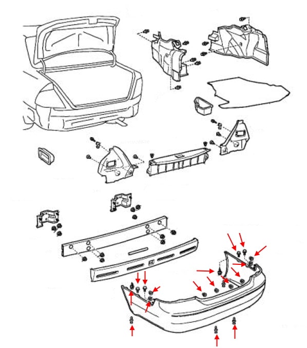 Schéma de montage du pare-chocs arrière Toyota Avalon (2000-2004)