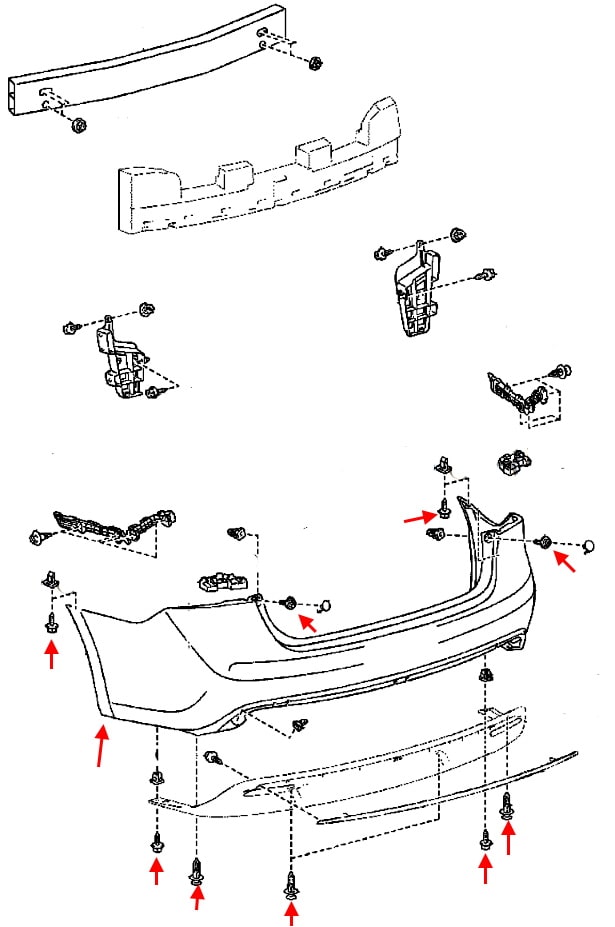 Schéma de montage du pare-chocs arrière Toyota Avalon (2013-2018)