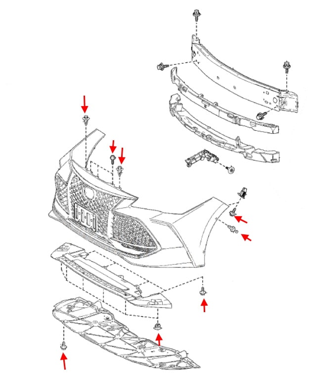 Schéma de montage du pare-chocs avant Toyota Avalon (2019+)