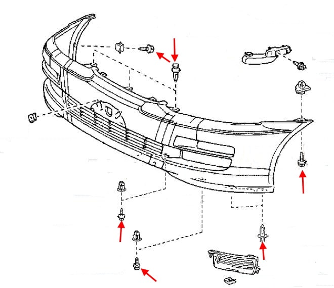 Схема крепления переднего бампера Toyota Avensis Verso