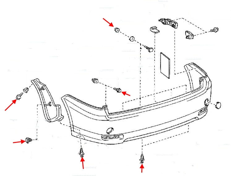 Схема крепления заднего бампера Toyota Avensis Verso