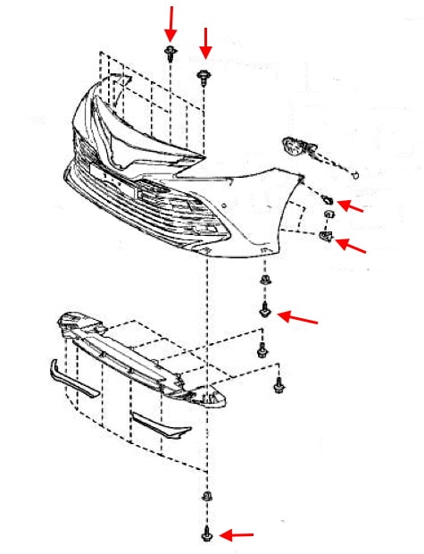 Schema di montaggio del paraurti anteriore Toyota Camry XV70 (2018+)