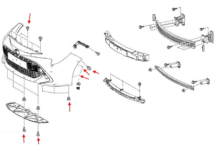 Схема крепления переднего бампера Toyota Corolla XII (E210) (2019+)