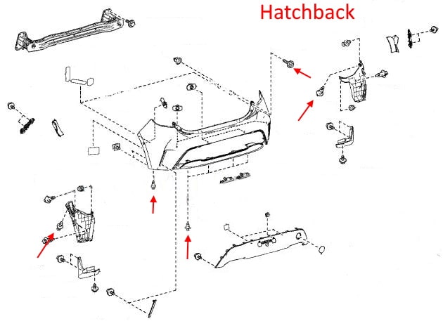 Схема крепления заднего бампера Toyota Corolla Hatchback XII (E210) (2019+)