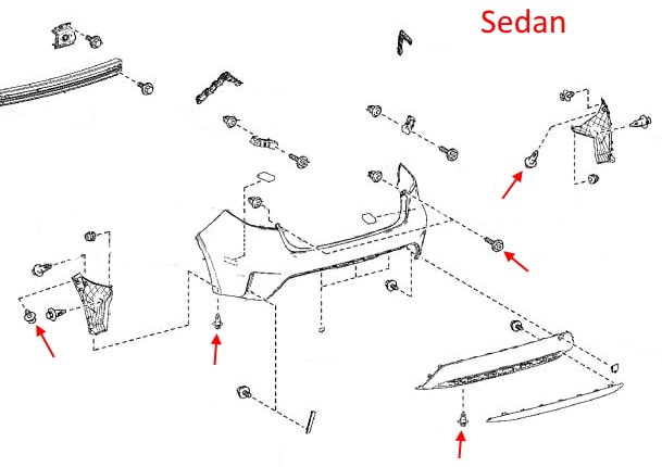 Схема крепления заднего бампера Toyota Corolla Sedan XII (E210) (2019+)